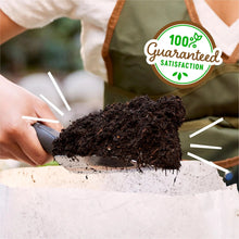 Raised garden bed soil mound being scooped from a bag, with 100% satisfaction badge