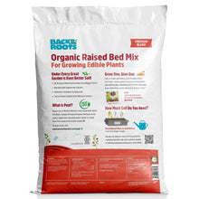 Organic raised bed mix soil bag, back panel with growing and ingredient information