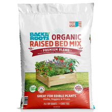 Organic raised bed mix soil bag, white with red label for growing edible plants