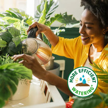 Indoor planting scene with watering can and potting mix product water-efficiency badge