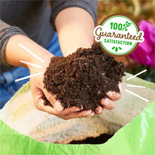 Hands holding dark potting soil with 100% satisfaction guarantee badge