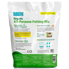 Back view of organic all-purpose potting mix bag with instructions and ingredients