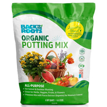 Organic potting mix bag with green-and-white packaging and all-purpose label