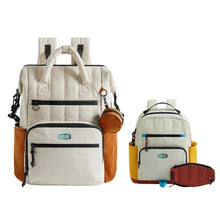 Diaper bag and kids backpack set, cream with black trim and brown pouch
