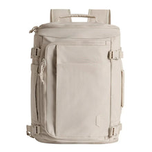 Beige backpack with front central zip pocket, buckles, and top carry handle