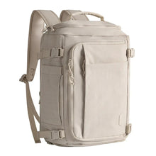 Light beige backpack with front zip pocket, web straps, and top carry handle
