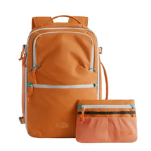 Orange travel backpack with expandable bottle sling pouch set, gray zipper trim