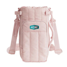 Light pink bottle sling bag with adjustable shoulder straps and front logo pocket