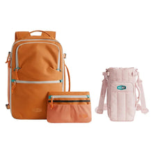 Orange travel backpack with expandable bottle sling pouch and pink bottle sling with strap
