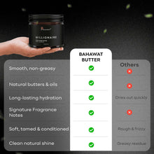Hair and beard butter jar in hand with Millionaire label and feature checkmarks