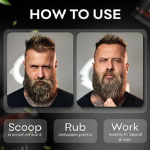 Hair and beard butter used on a bearded man; small amount rubbed between palms