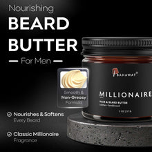 Hair and beard butter jar labeled Millionaire with smooth, non-greasy formula callout