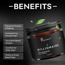 Hair and beard butter jar labeled Millionaire with benefits text on screen