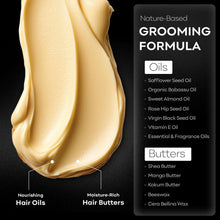 Hair and beard butter texture sample with oils and butters ingredient list panel