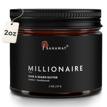 Hair and beard butter jar labeled Millionaire, 2 oz, black container with lid