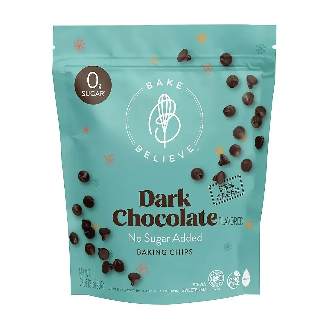 Bake Believe Dark Chocolate Flavored No Sugar Added Baking Chips, Resealable Bag, 32 oz.