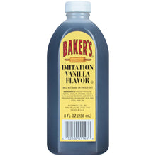 Baker's imitation vanilla flavor bottle, 8 fl oz, with white cap and yellow label