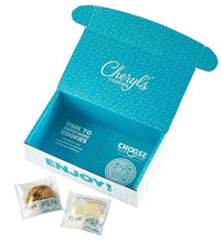 Blue cookie assortment box with small packs and Cheryl's Cookies branding