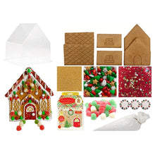 Gingerbread house kit contents: white roof, brown panels, icing bags, candies and sprinkles
