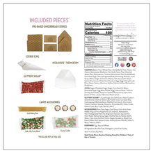 Gingerbread house kit included pieces chart with nutrition facts and accessories list