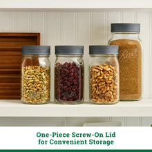 Wide-mouth mason jars on shelf with gray leakproof lids, one-piece reusable set