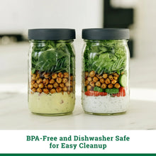 Two wide-mouth mason jars with green ingredients and gray leakproof lids, reusable