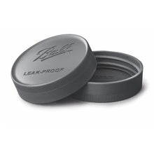 Gray wide-mouth mason jar lid pair with leak-proof screw-on rings, reusable plastic