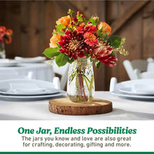 Clear mason jar vase with a bouquet of flowers on a wooden stand