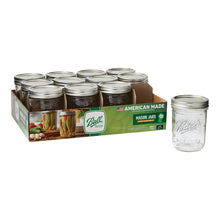 Cardboard box set of Ball wide-mouth pint mason jars with a single jar shown