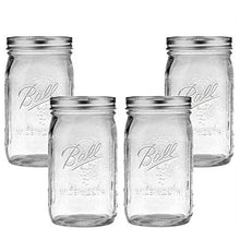 Set of 4 Ball wide-mouth mason jars, clear glass with metal band tops