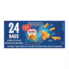 Bamba peanut butter puffs 24-bags package back with nutrition and claims
