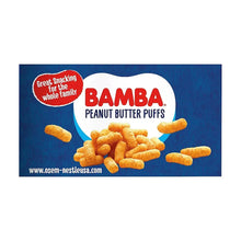 Bamba peanut butter puffs snack box front with puff pieces and brand logo