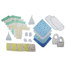Newborn layette set with onesies, socks, bibs, caps, and blankets; assorted prints