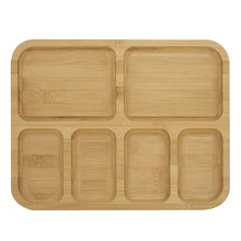 Bamboo cutting board with four compartments, smooth light wood grain, rectangular
