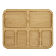 Bamboo serving board with six recessed sections for cheese and snacks