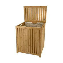 Bamboo laundry hamper with hinged lid open and fabric liner inside