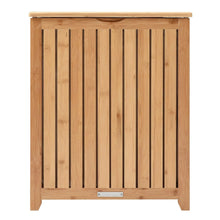 Bamboo laundry hamper with vertical slats and smooth top rail, front view