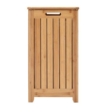 Bamboo laundry hamper front with center carry handle cutout and vertical slats