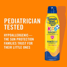 Kids sport sunscreen spray SPF 50 bottle with blue cap, Powerstay label.