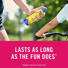 Kids sport sunscreen spray SPF 50 bottle held in hand, blue cap.