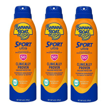 Sunscreen Sport Ultra spray bottles, SPF 50, blue caps, orange and yellow labels