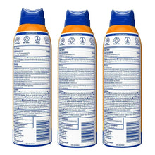 Three sunscreen spray bottles showing back label with ingredients and directions