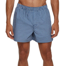 Men's woven boxer shorts, blue grid/check pattern with elastic waistband