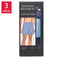 Men's woven boxer shorts in blue check pattern, 3-pack retail box view