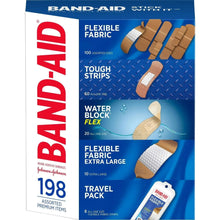 Assorted Band-Aid bandage box, flexible fabric, tough strips, water block flex, 198 count