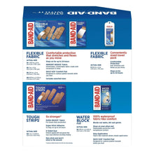 Assorted adhesive bandage packaging with flexible fabric, tough strips, and water block