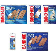 Assorted adhesive bandage pack boxes with flexible, tough, and water-block options