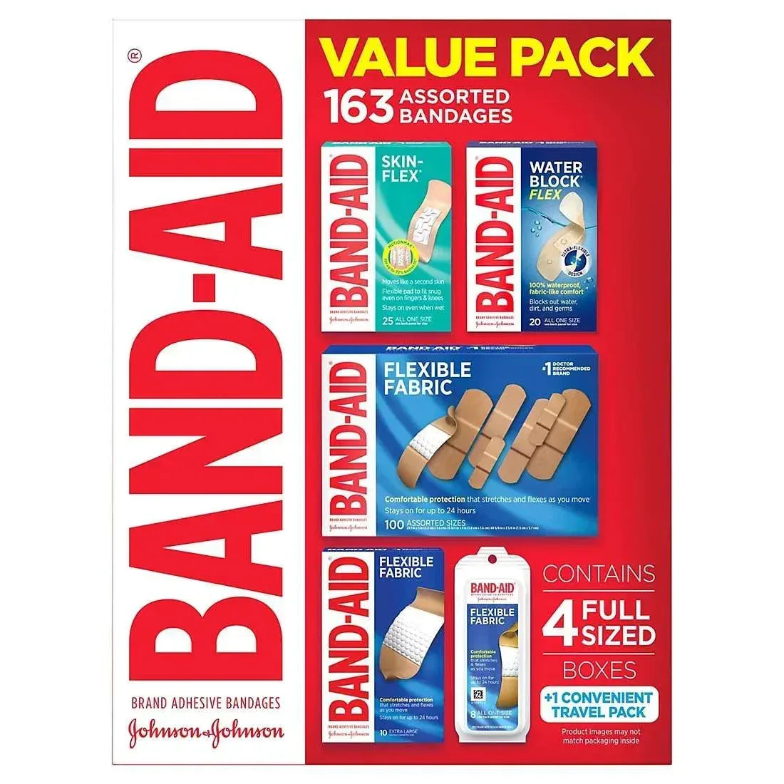 Band-Aid Brand Adhesive Bandages Value Pack, Assorted Sizes, 163 Count