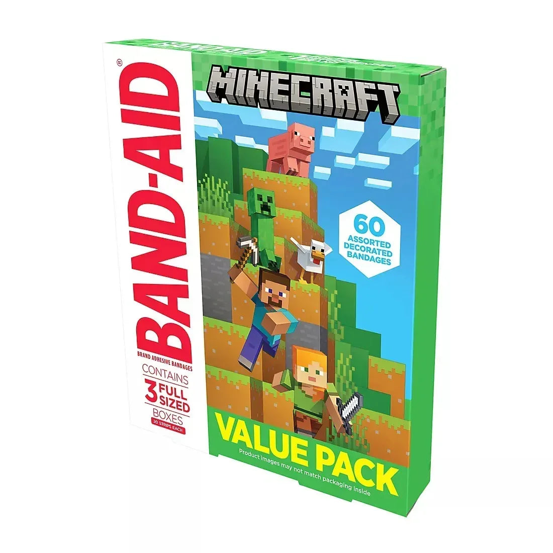 Band-Aid Minecraft Adhesive Bandages, Assorted Sizes, 60 Count