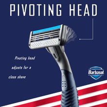 Disposable razor with pivoting head and three-blade cartridge on blue handle.